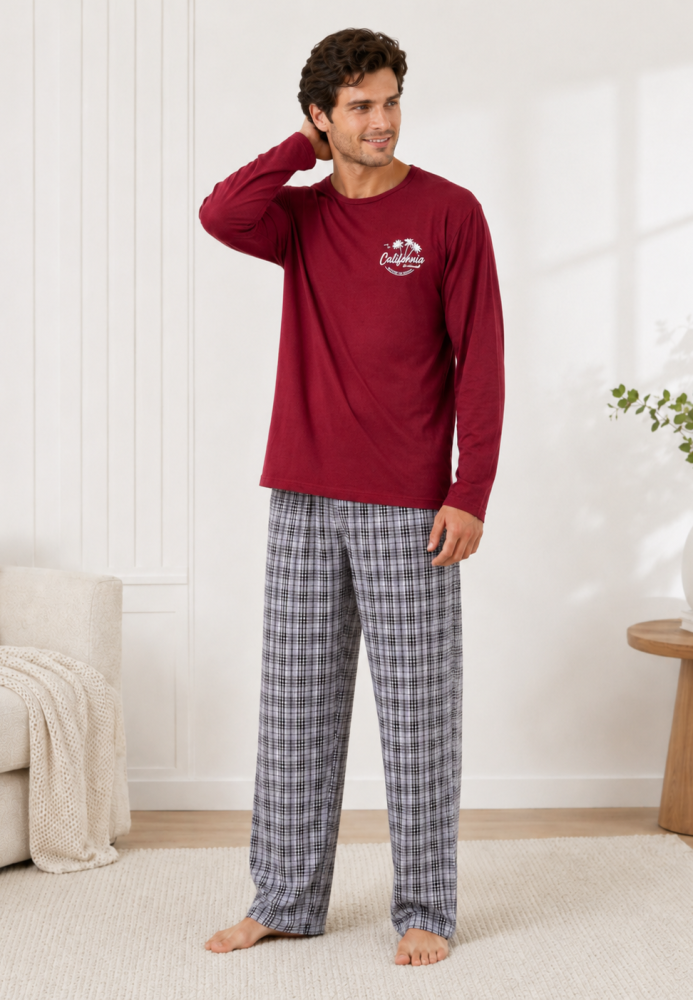 Pijama barbat Serena cu maneca lunga si pantalon lung-Bordo, Engros